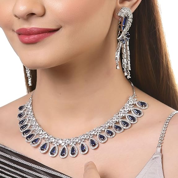 ZENEME Rhodium Plated Silver Toned White American Diamond Studded Necklace With Earring Jewellery Set For Woment and Girl