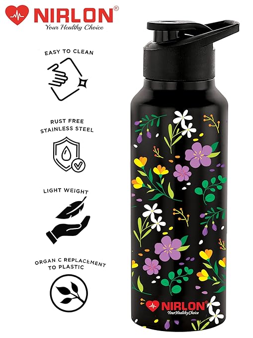 NIRLON Stainless Steel Single Walled Water Bottle 750ml, Water Bottles For Fridge, School,Gym,Home,office,Boys, Girls, Kids, Leak Proof (UV Printed Bottle, Floral, Sipper Cap)