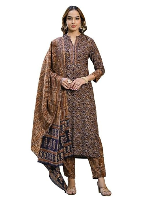 Vaamsi Women's Cotton Blend Kalamkari Printed Straight Kurta Pant With Dupatta Set