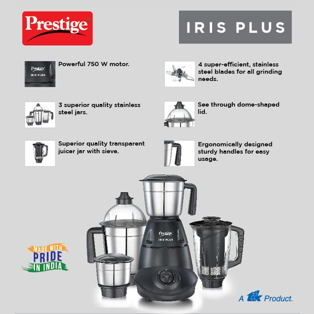 Prestige 750 Watts Iris Plus Mixer Grinder With 4 Jars (3 Stainless Steel Jars+ 1 Juicer Jar)| 4 Super Efficient Stainless Blades|
