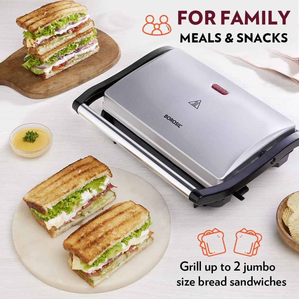 Borosil Prime Grill Sandwich Maker | Can Make 2 Sandwich At a Time | 700W Electric Toaster Maker | Non Toxic & Nonstick Coating Grill Plates Opens to 90° | Power Indicators | 2 Year Warranty | Silver