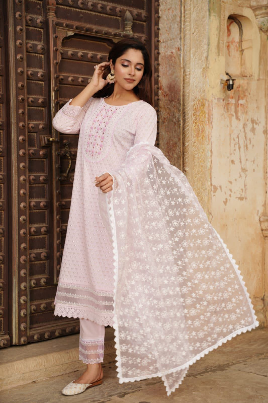 Women Ethnic Wear Embroidery Work On Pink And White Kurti & Pant With Dupatta
