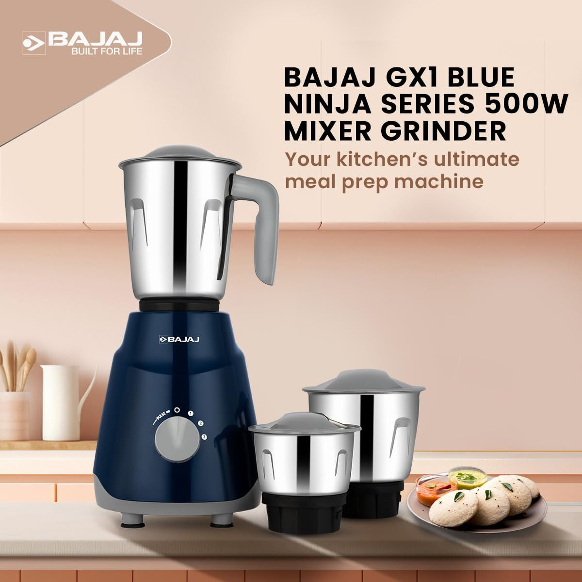 Bajaj GX1 Ninja Series 500W Mixer Grinder With 3 Jars(Stainless Steel Jars) | Superior Mixie For Kitchen | Durable Mixer Grinder | DuraCut Blades | 2 Yrs Warranty 【Blue】