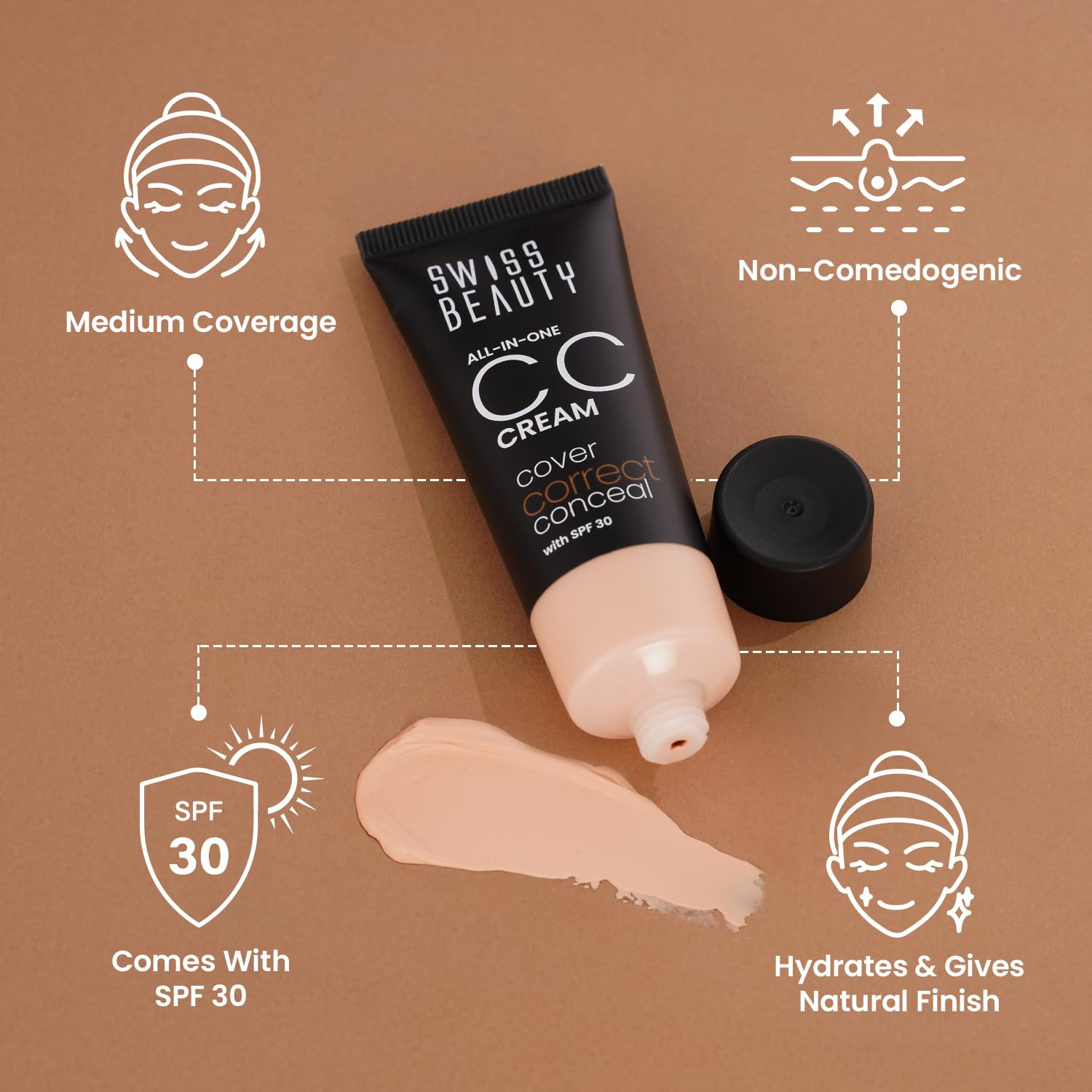 Swiss Beauty All-In-One Lightweight CC Cream with SPF 30 | Cover, Correct and Conceal | For Natural, Medium coverage | Shade- Light Beige, 25g |