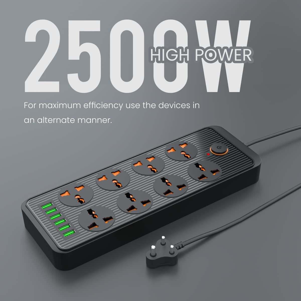Portronics Power Plate 7 with 6 USB Port + 8 Power Sockets Smart Electric Universal Extension Board Multi Plug with 2500W, 3Mtr Cord Length, 2.1A USB Output(Black), 250 Volts