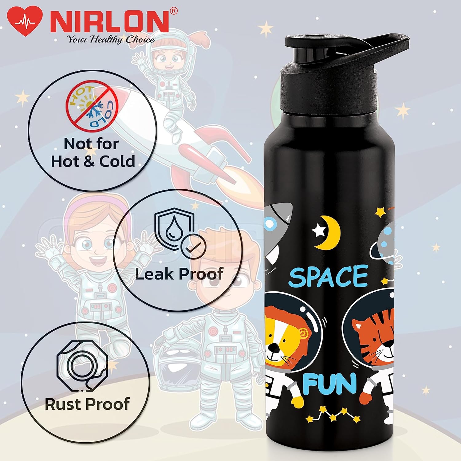NIRLON Stainless Steel Single Walled Water Bottle 750ml, Water Bottles For Fridge, School,Gym,Home,office,Boys, Girls, Kids, Leak Proof (UV Printed Bottle, Space Fun, Sipper Cap)
