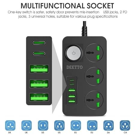 SPECULO Extension Board, Power Strip with 20W Fast PD/Type C, 2500W 10A Extension Cord with 3 Universal Socket, 38W USB Fast Charging Ports (2 * 20W PD+3*QC 3.0) for Home Office