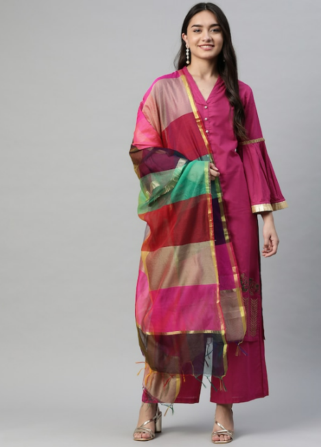 Magenta Regular Pure Cotton Kurta with Palazzos & With Dupatta