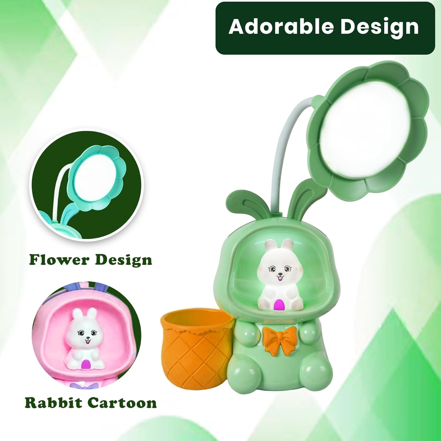 WISHKEY Plastic 3-In-1 Led Desk Lamp With Pencil Sharpener&Pen Holder, Flower Shaped, Rabbit Theme, Dual Light Mode Rechargeable Study Desk Lamp,360° Flexible Hose Table Lamp For Kids,Pink(Pack Of 1)