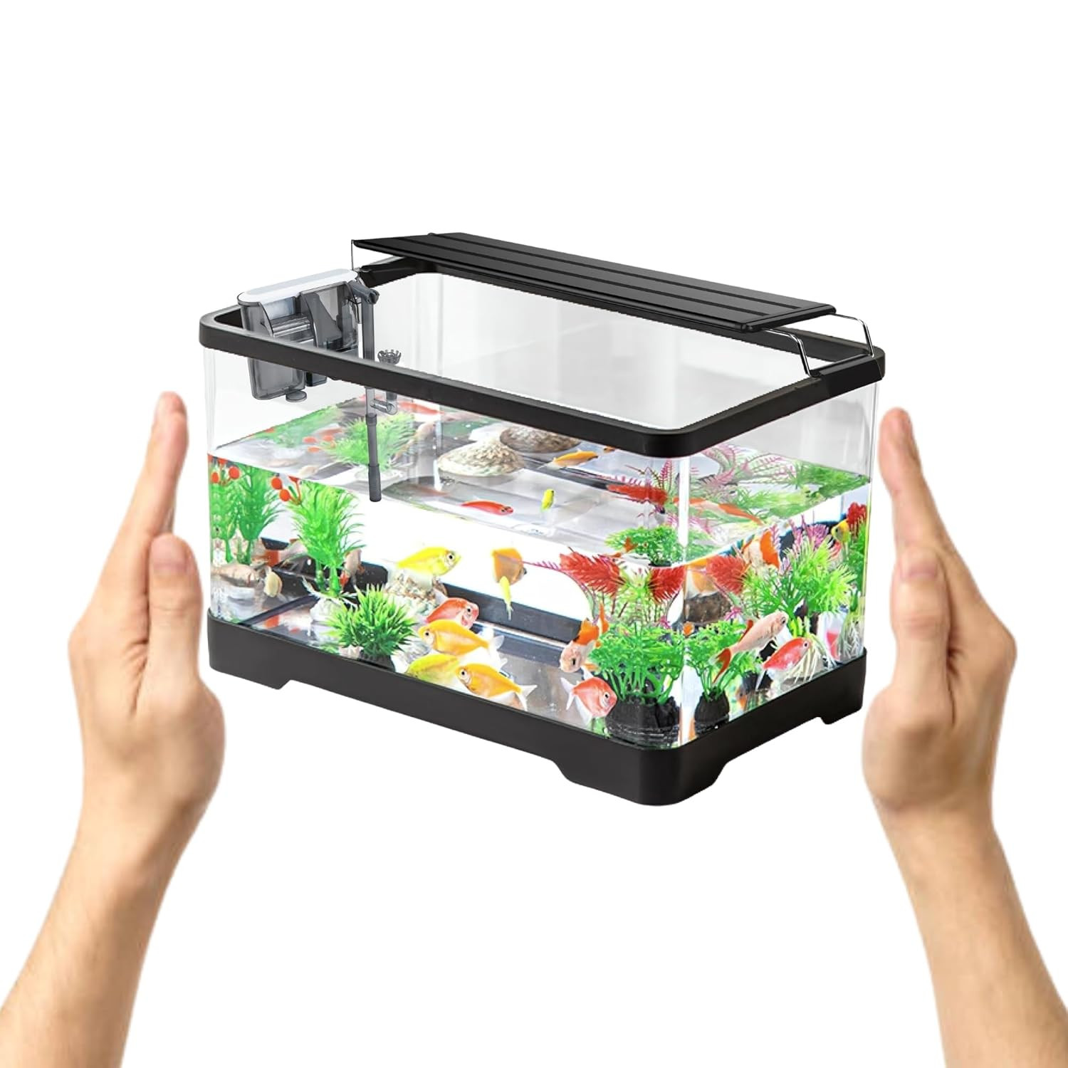 Buraq Unbreakable Curved Aquarium Fish Tank Set with Hang On Filter & Aquarium Light, Polycarbonate Material, Moulded Aquarium Tank (Small (12L x 7.7W x 7H - Inches)