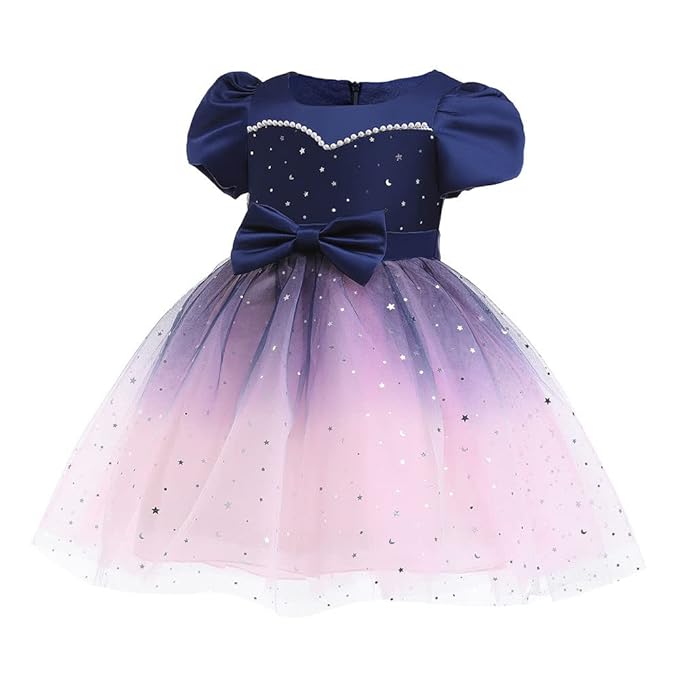 Hopscotch Girls Polyester Applique Bow Party Dress in Blue Color