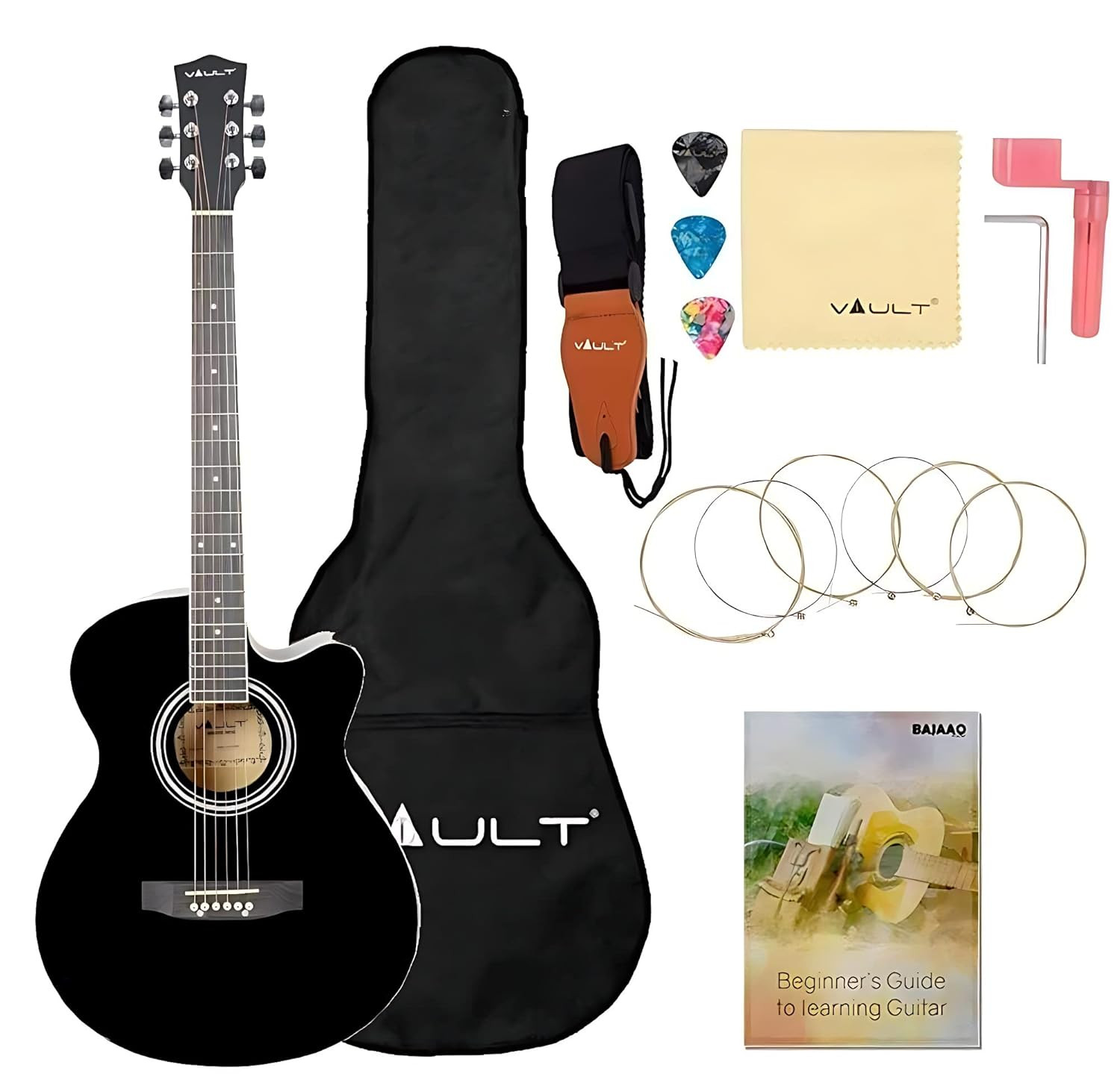 Vault EA20 Guitar Kit with Learn to Play Ebook, Bag, Strings, Straps, Picks, String winder & Polishing Cloth - 40 inch Cutaway Acoustic Guitar Black