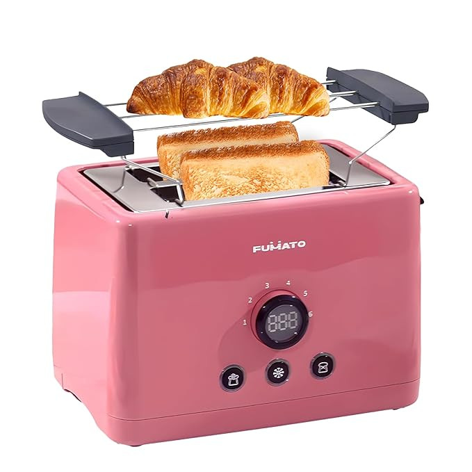 FUMATO 1000W 2 Slice Toaster- Bun Rack, 6 Heat Modes, Automatic Pop Up, Removable Crumb Tray, Stainless Steel, Extra Wide Slots, Reheat, Defrost & Mid Cycle Cancel, Hi-Lift & 1 Year Warranty- Pink