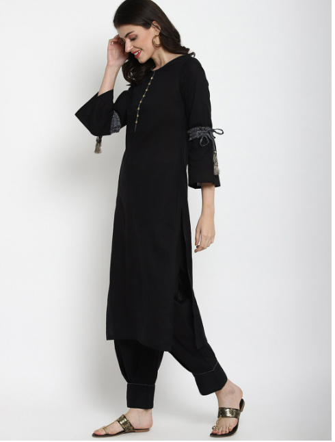 Black Floral Kurta with Trousers & Dupatta