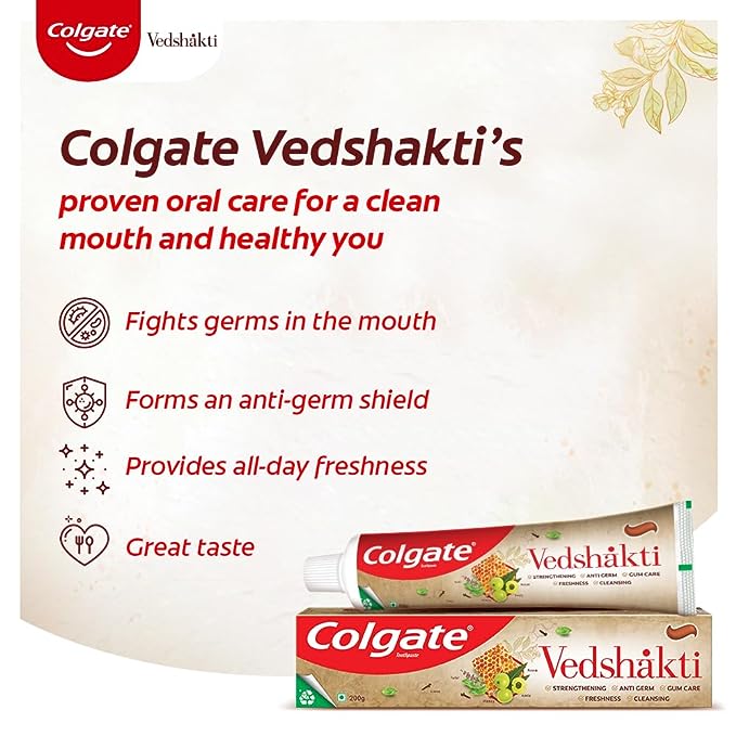 Colgate Vedshakti Toothpaste, Anti-Bacterial Paste For Whole Mouth Health, With Neem, Clove, And Honey, 800G, 200G X 4 (Saver Pack), Freshening