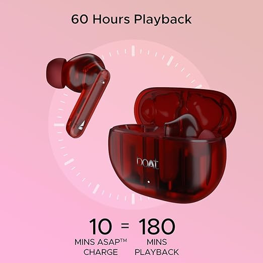 boAt Airdopes 191 ANC, 32dB ANC, Ambient Mode, 60HRS Battery, 4Mics ENx, in-Ear Detection, IWP Tech, Fast Charge, v5.3 Bluetooth Earbuds, TWS Ear Buds Wireless Earphones with mic (Pellucid Red)