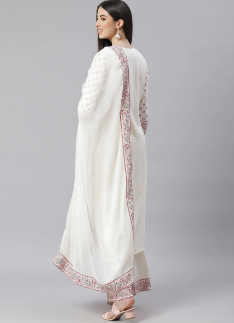 Off-white printed Kurta with Palazzos and dupatta