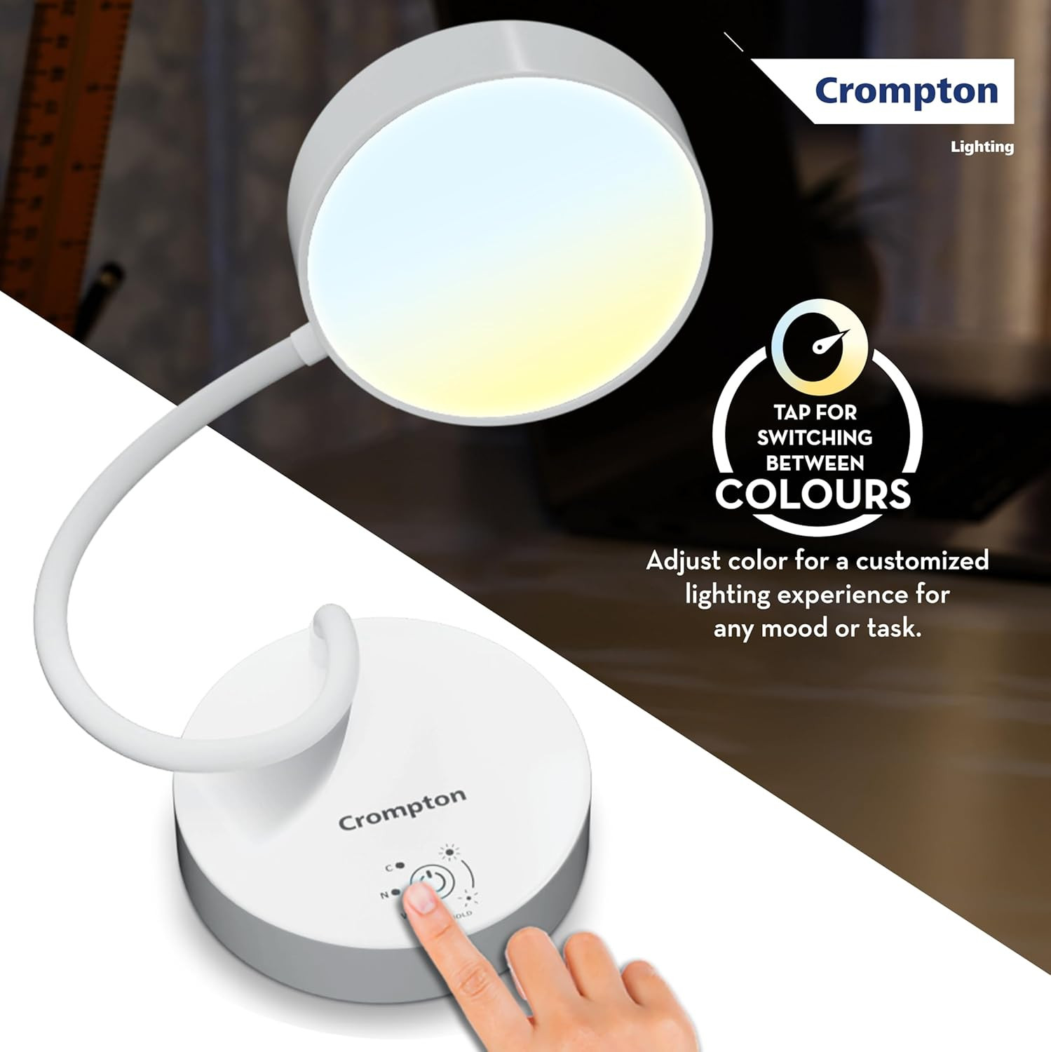 Crompton Deskmate | Table Lamp | Desk Light | 5W | Sleek & USB Rechargable | Colour Changing | Smooth Dimming | Flexible & Adjustable Neck | Flame Safe Technology| Pack of 1