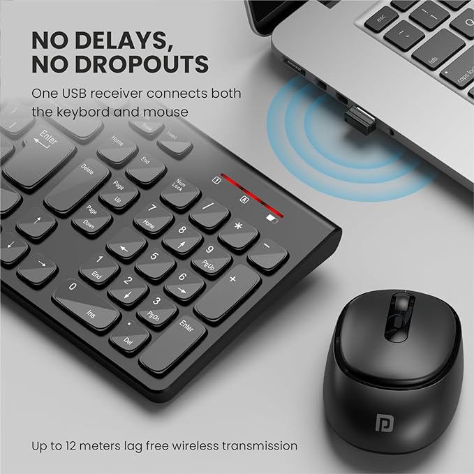 Portronics Key7 Combo Wireless Keyboard & Mouse Set with 2.4 GHz USB Receiver, 10m Working Range, 12 Shortcut Keys, Adjustable DPI, 10 Million Key Life & Click Life for PC, Laptop, Mac (Black)
