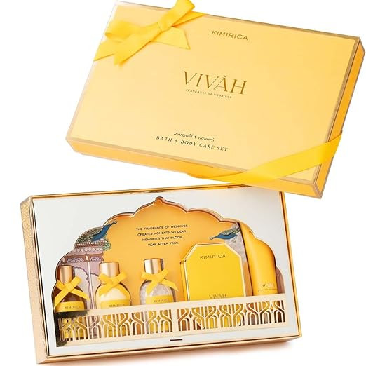 Kimirica Vivah Experience Wedding gift set for couple| Uniquely Crafted Wedding Gifts contains Body wash, Body Lotion, Bath Salt, Bathing bar and Hand cream | Luxuriously Scented Marigold & Turmeric |