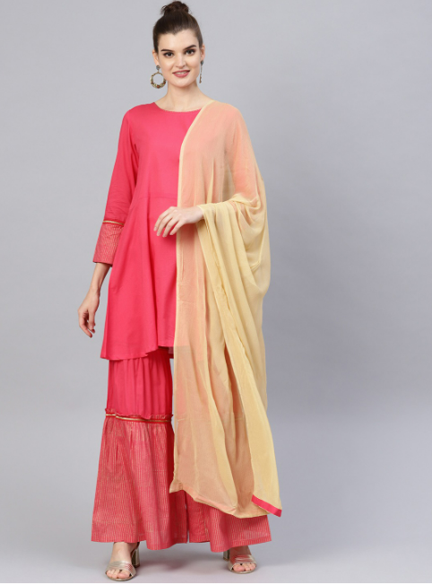 Women Pink Pure Cotton Kurti with Sharara & With Dupatta