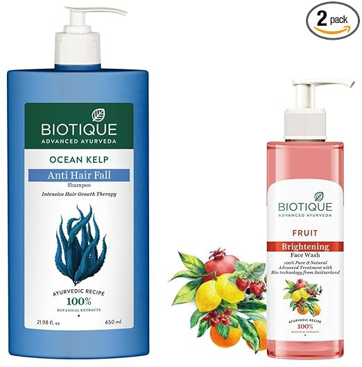 Biotique Bio Ocean Kelp Anti Hair Fall Shampoo Intenstive Hair Growth Therapy, 650ml & Fruit Brightning Face Wash, 200ml