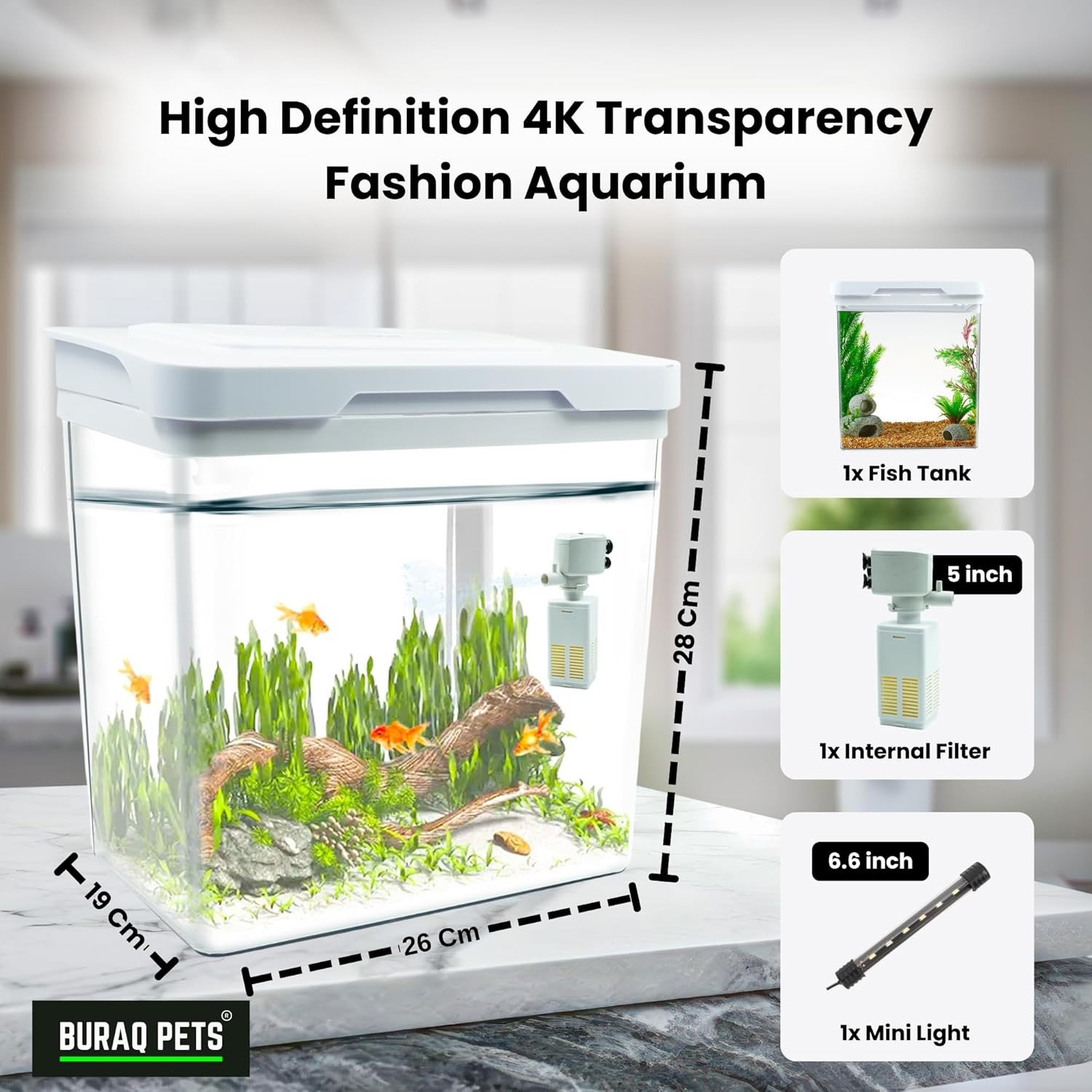 Buraq 4K Transparency Fashion Aquarium Mini Fish Tank with Filter & Light, Polycarbonate Material, Suitable for Home, Living Room and Office (26" L x 19" W x 28" H Cm)