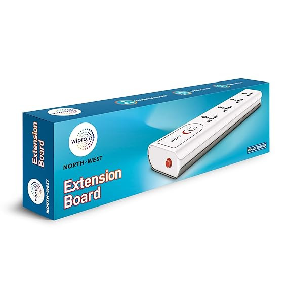 Wipro Extension Board with 4 Universal Sockets & 1 Master Switch | Spike Guard with Indicator | 2 mtr Long Cord | Overload Protection | Multiplug Powerstrip for Home, Office | Grey & White