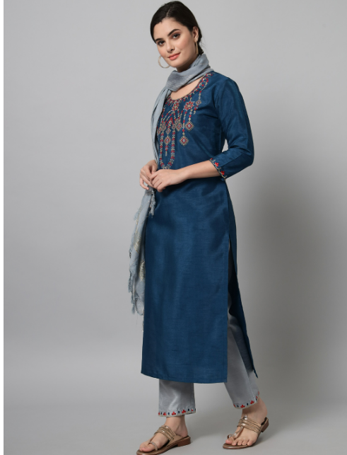 Teal blue kurta trouser set with geometric embroidery