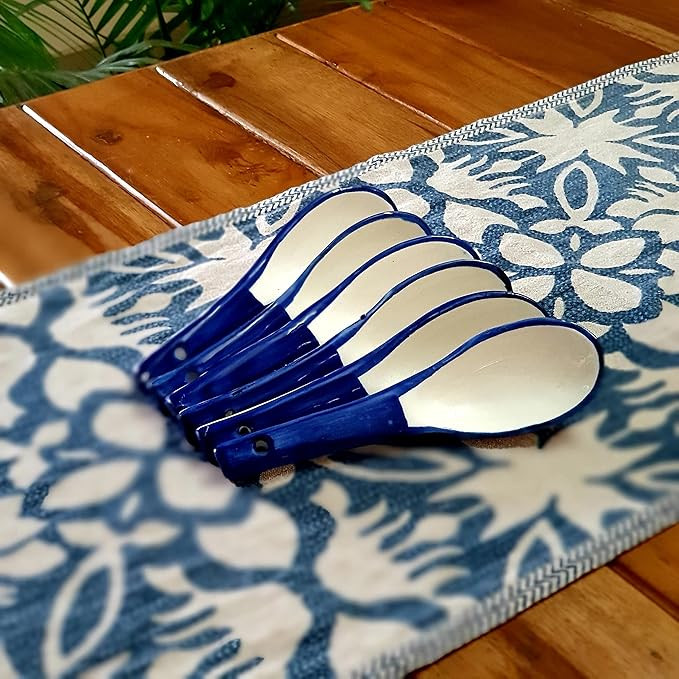 Backspace Retail Hand-Painted Ceramic Soup Bowls Set Off 6 with Matching Spoon | Blue Bowls, 300ml Each