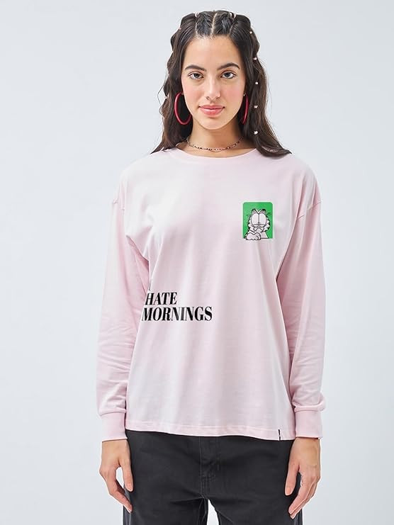 Bewakoof Official Garfield Merchandise Women's Graphic Printed Boyfriend Fit Half Sleeve Round Neck