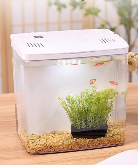 Rizopets USB Charging Mini Aquarium Fish Tank with Inbuilt Led Light, Pump and Filter Sponge, Suitable for Home, Living Room and Office (White)