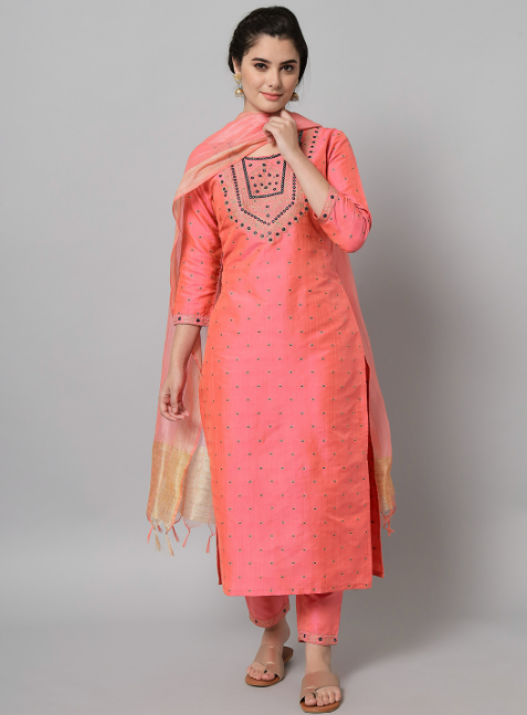 embroidered pink kurta with pink trousers and dupatta