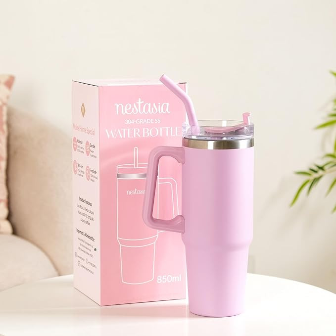 Nestasia 850ml Tumbler with Straw and Cleaner | Stainless Steel Insulated Water Bottle, Double Wall Vacuum, Leakproof | Keeps Drinks Hot or Cold for Office, Home, Gym, Travel (Baby Rose)