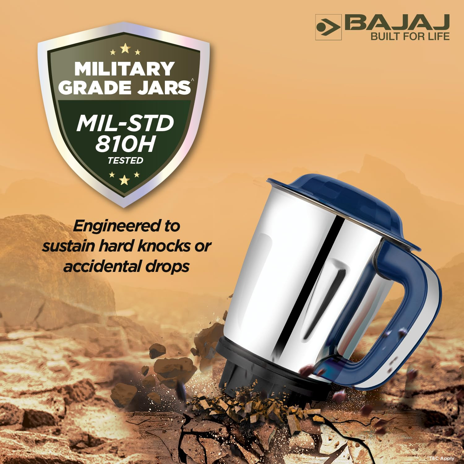 Bajaj Military Series Glamore 800W Mixer Grinder | 3 Stainless Steel Military Grade Jars* | DuraCut® Blades | 2 Yrs Warranty 【Royal Blue】