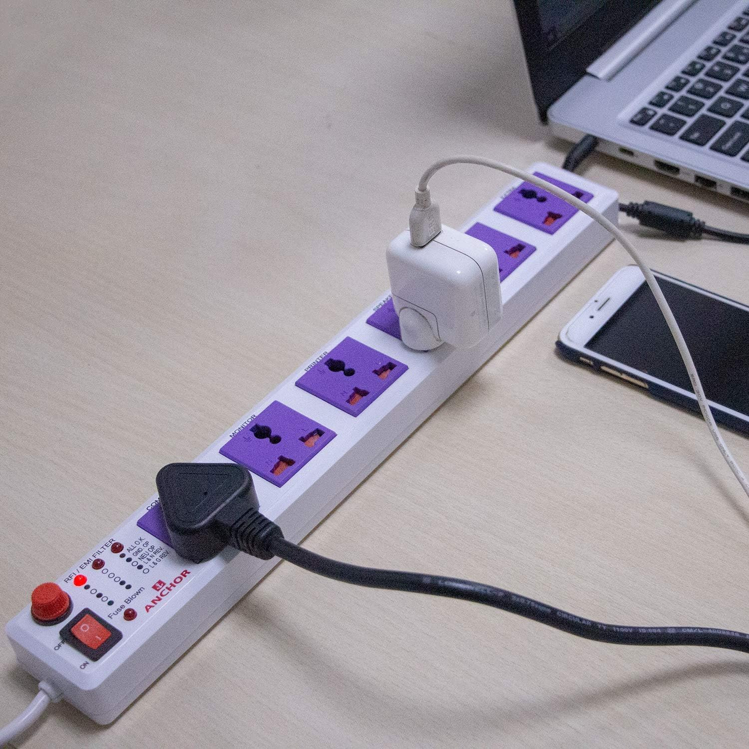 Anchor by Panasonic 6 way Universal Socket with Single Switch | 6 Way Extension Board with 1.5 Mtr Extension Cord | Multi Plug Socket for Home Wall, Office (22579)