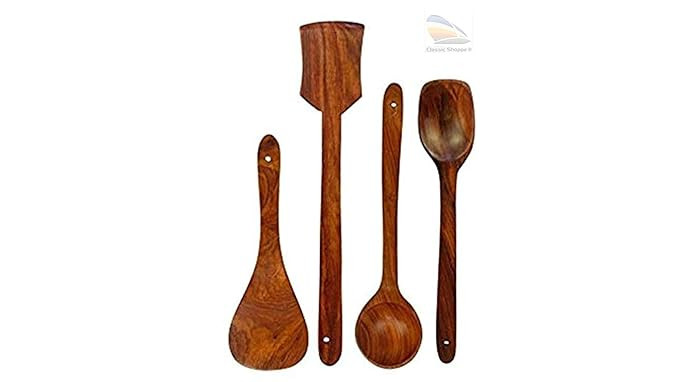 ITOS365 Handmade Wooden Non-Stick Serving and Cooking Spoon Kitchen Tools Utensil, Set of 4