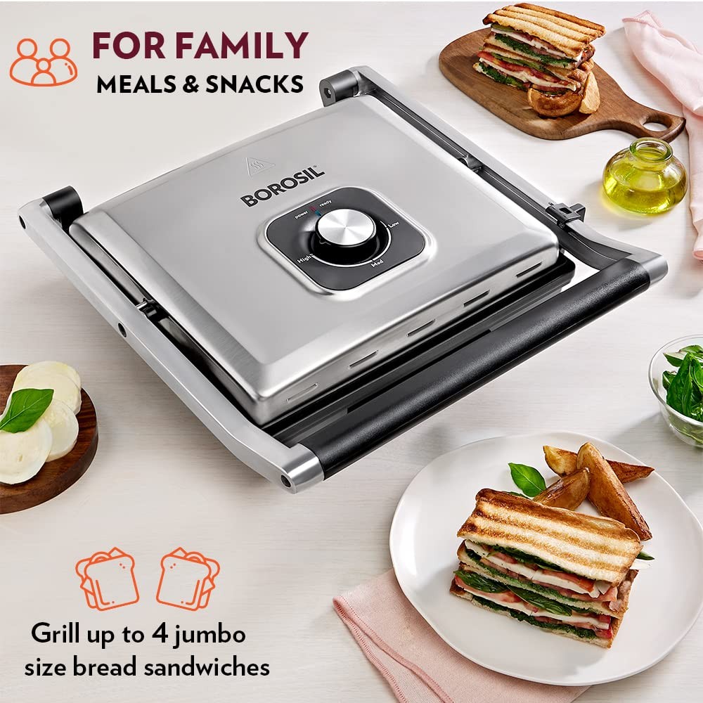 Borosil Super Jumbo 2000-Watt Grill Sandwich Maker, Black