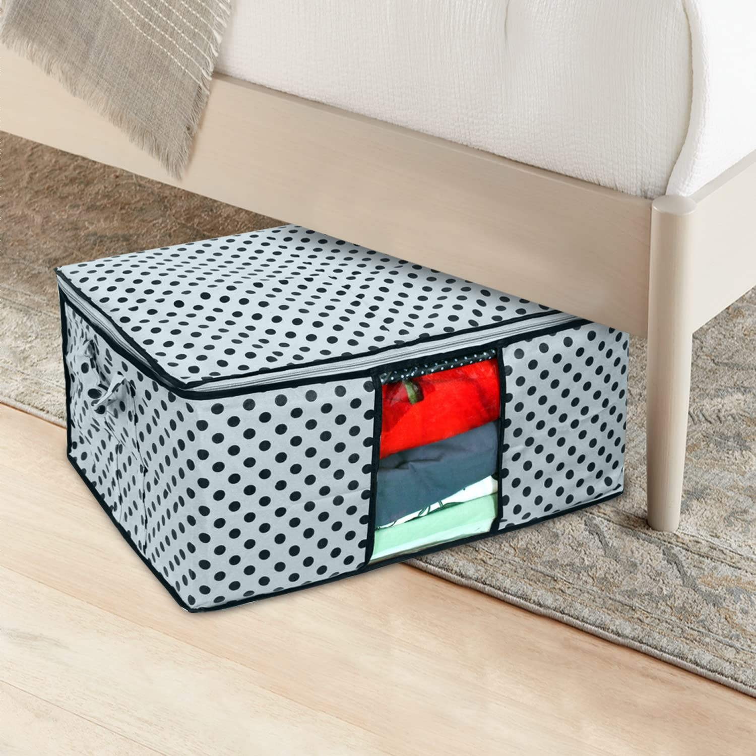 BEST Underbed Dotted Blanket Storage Organizer Bag with Side Handles - 98x40x19 cm, Set of 3 Pieces