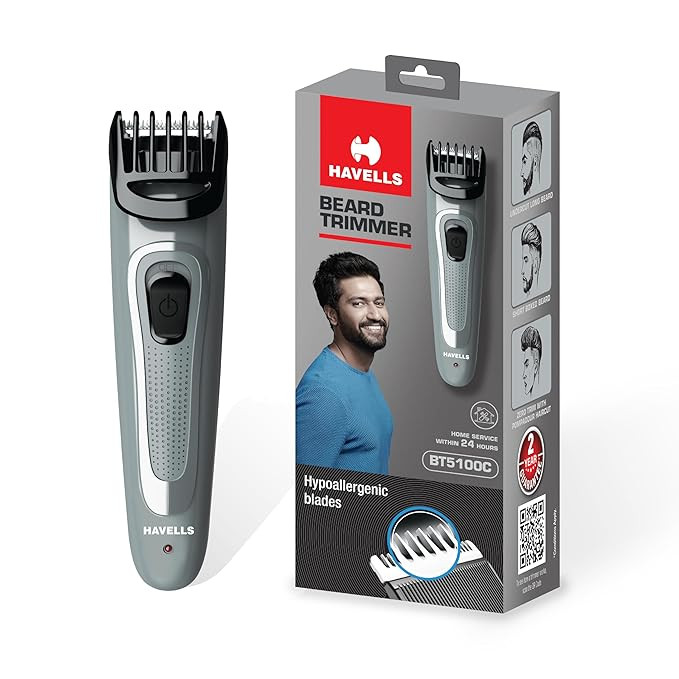 Havells Bt5100C Rechargeable Beard Trimmer with Hypoallergenic Blades; Zero Trim with 0.5 Mm Precision;Upto 17Mm Length Setting for All Styles; 45 Min Runtime,Battery Powered Black & (Grey)-Men