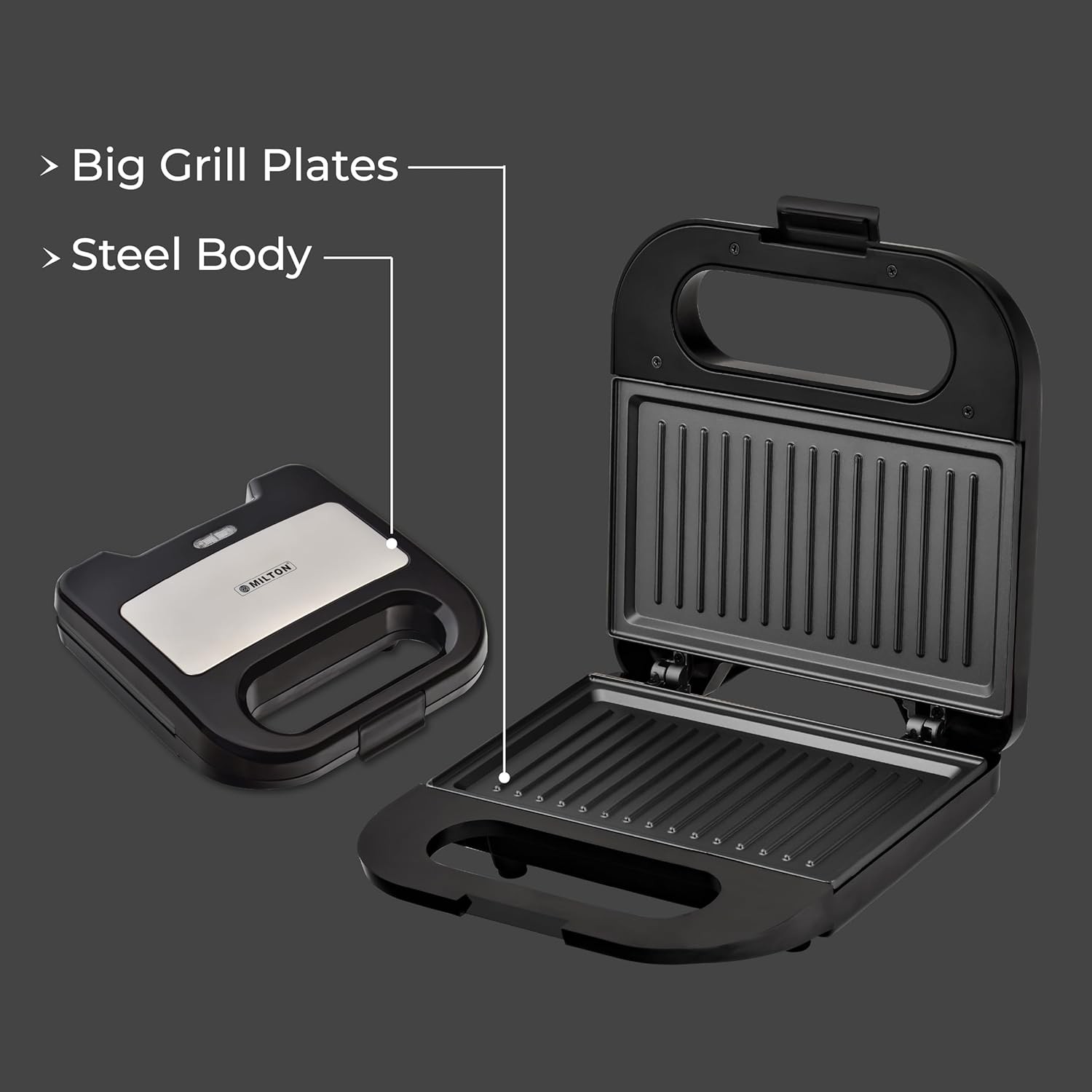 Milton Royal Pro Express 800W Toaster Griller Sandwich Maker | Top Stainless Steel Body | Non-Stick Fixed Grill Plates | Easy Clean | Power Indicators | 1 year Manufacturer Warranty - Black