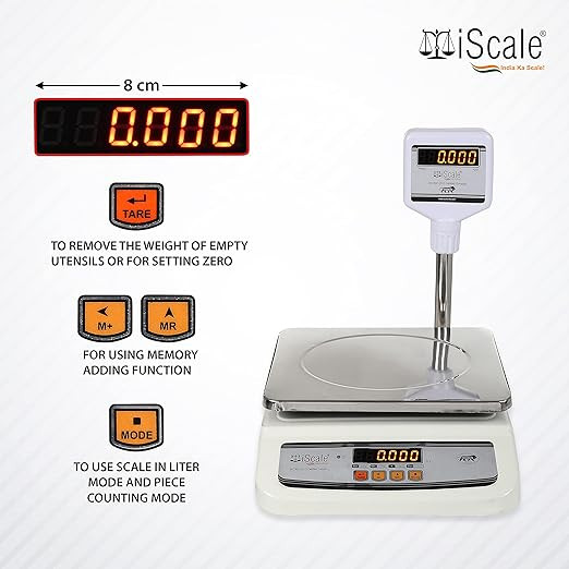 iScale i-01, 30kg x 2g Electronic Weighing Machine/Weighing Scale with Front and Pole Double Display (Red), 25x35cm SS weighing pan for Shop, Kitchen and Commercial Purposes (10x12 inches)
