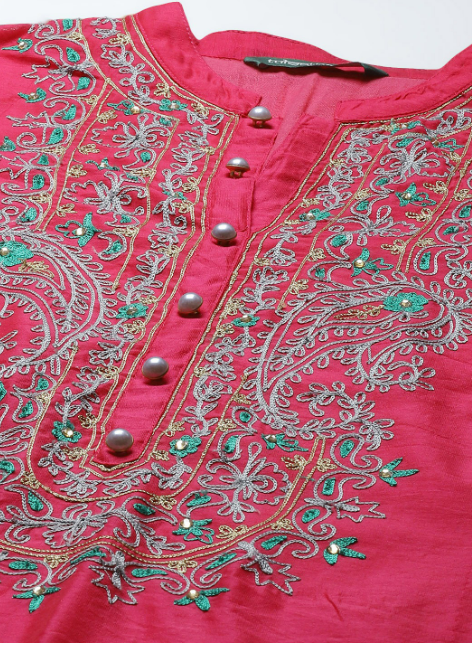 Red & Grey Aari Work Kurta with Palazzos & Dupatta