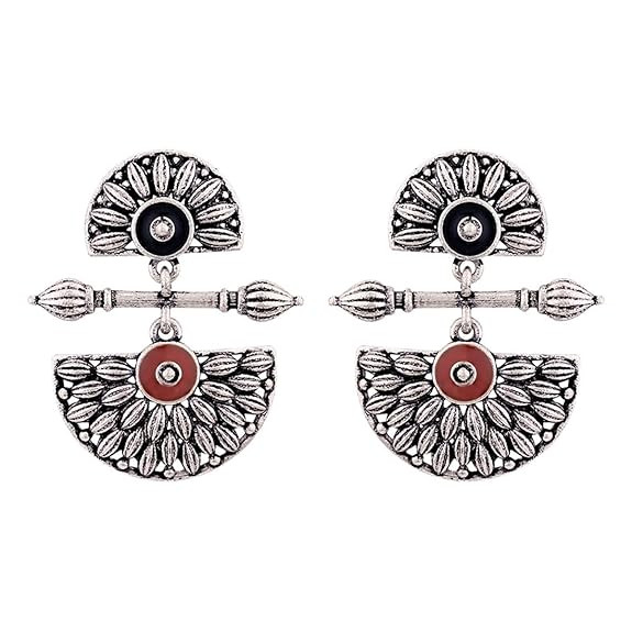 Voylla Brass Silver Oxidised Mandala Design Lightly Embellished Drop Earrings for Women and Girls