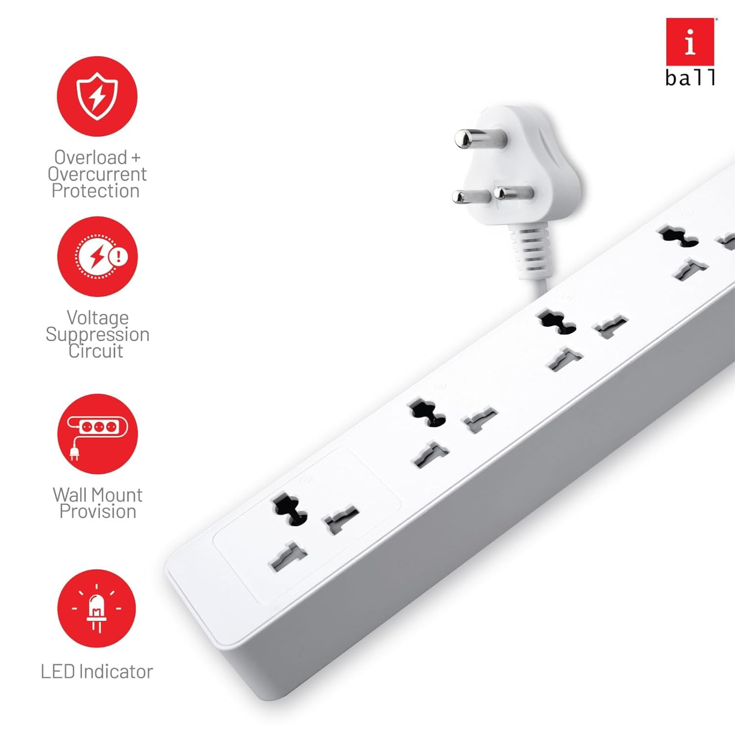 iBall GUARD-4X 4-Socket Surge Protector, TF MOV + 500 Joules, Universal Socket with Shutter, Auto-Reset Switch, 2M ISI Certified Cable, 100% Copper Conductor, 2500W Load Capacity, 3 Years Warranty