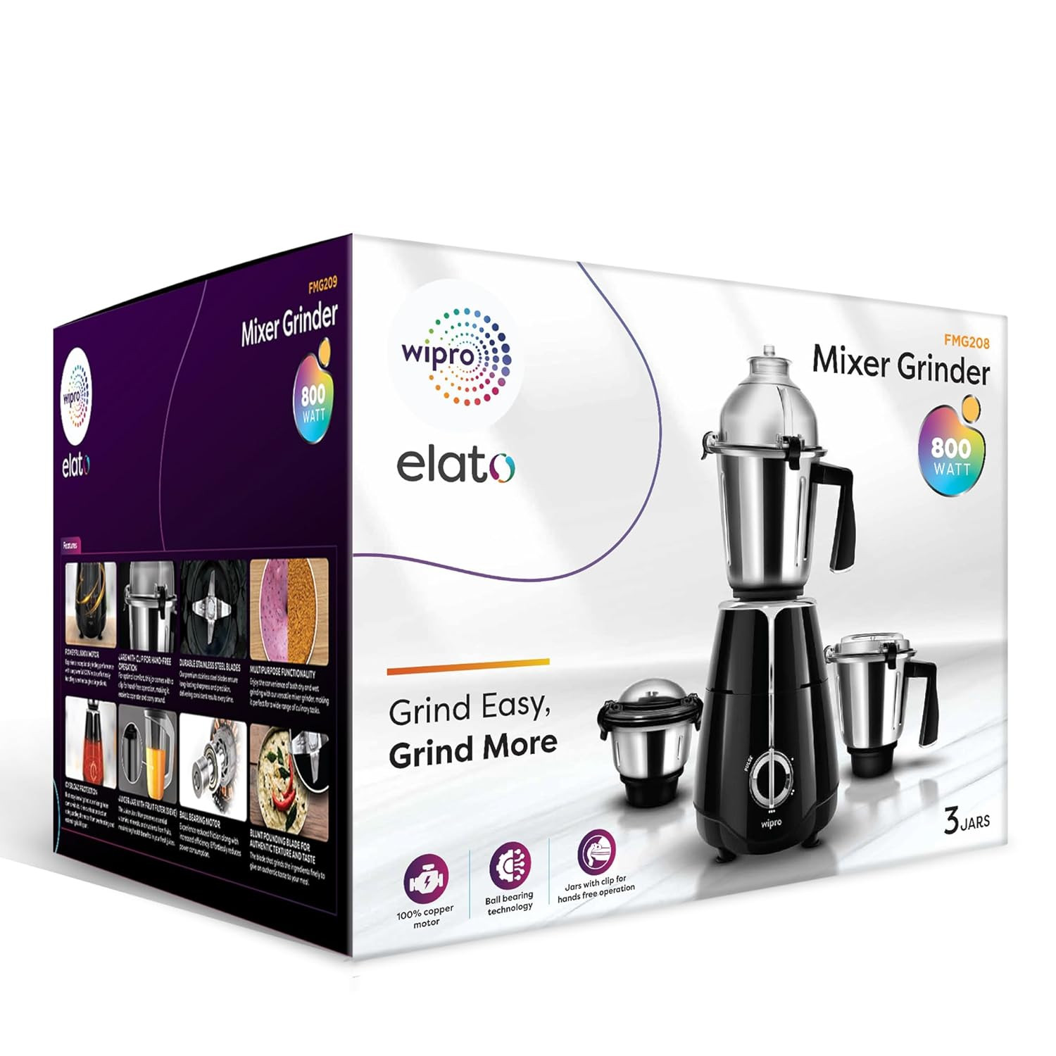 Wipro Elato FMG204 1000 Watt Mixer Grinder with 3 Jars(Wet Grinding Jar (1.5 L) + Dry Grinding Jar (1.2 L) + Chutney Jar (0.5 L)), 100% Copper Motor, 5 Years Motor Warranty, Doorstep Service,Black