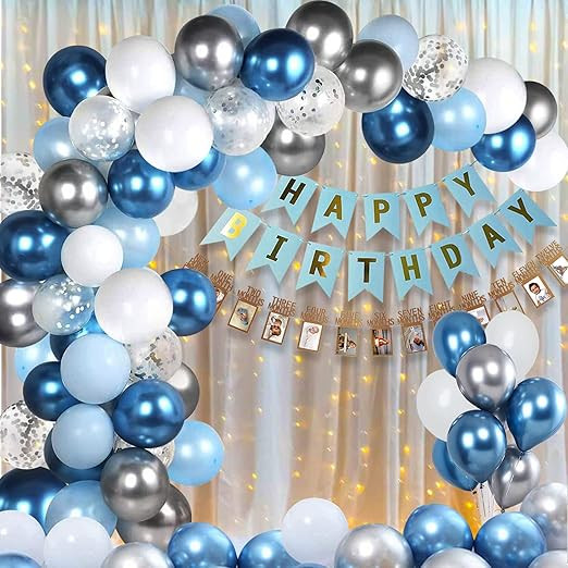 Party Propz 1st Birthday Decoration For Boys - 53 Pcs First Birthday Decorations Boy | Happy Birthday Decoration | 1-12Month Photo Frame Banner | Birthday Decoration Items for Boy