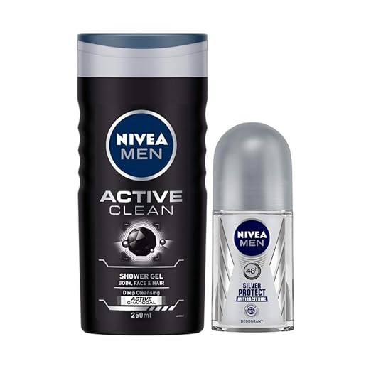 Nivea Men Shower Gel, Active Clean Body Wash, Men, 250ml & Men Deodorant Roll On, Silver Protect, 50ml