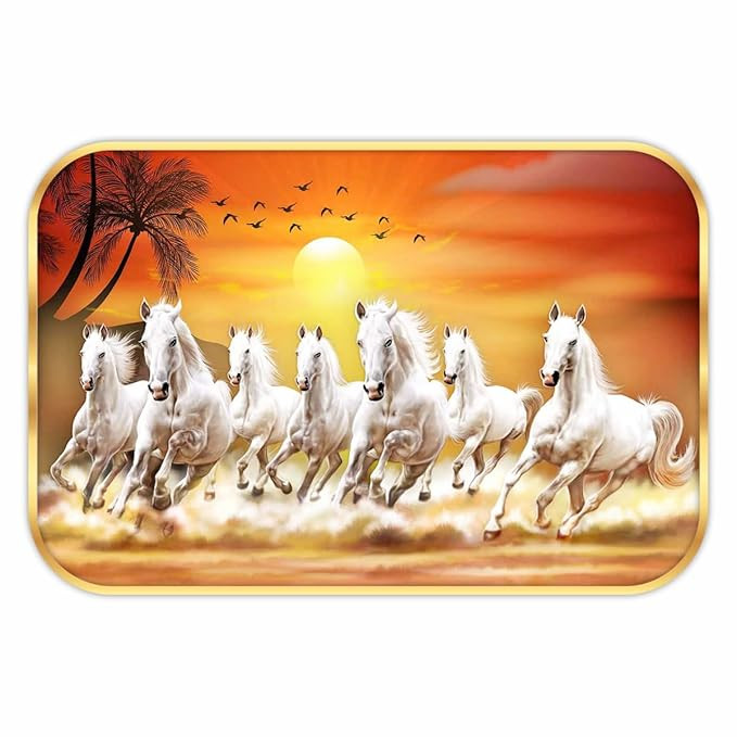 SAF 7 Running Horses at Sunrise Vastu Wall Painting with Frame - Sparkle Glossy Round Golden Framed Large Painting for Office, Living Room, Bedroom, Home Wall Decoration Animals Painting (Multicolour,