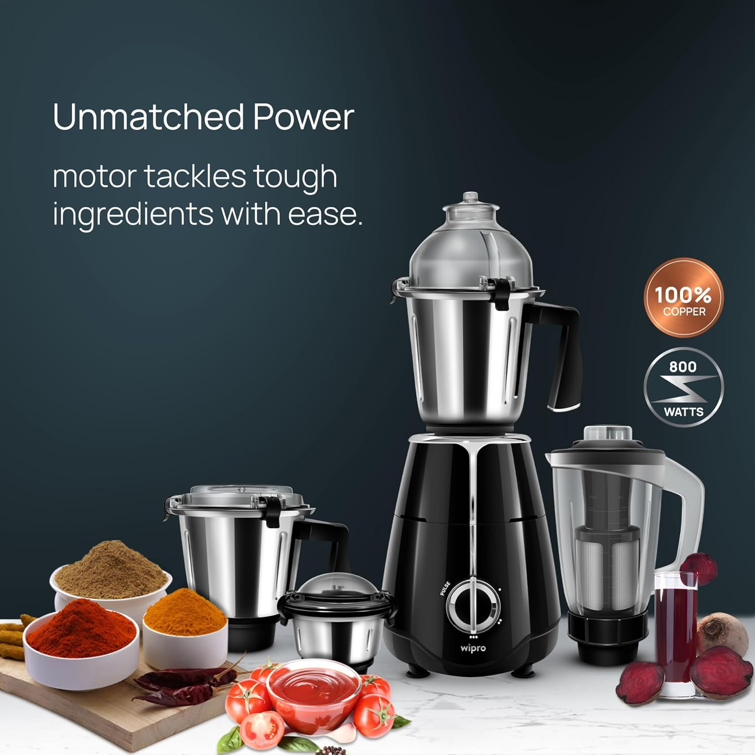 Wipro Elato FMG209 800 Watt Mixer Grinder with 4 Jars,Heavy Duty 100% Copper Ball Bearing Motor with 5 Year Warranty,Superfast Grinding,Clip Lids - Hands Free use, 4 Jars Mixer Grinder 800 Watt,Black
